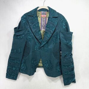 Vtg LAMB Gwen Stefani Blazer 10 Teal Brocade Jacket Y2K Distressed Eclectic Rare
